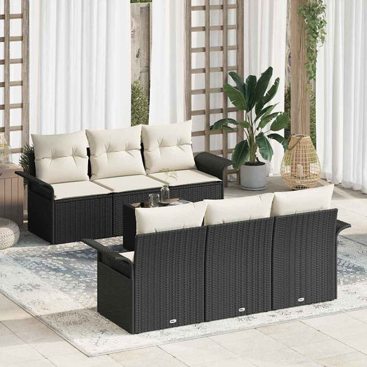 Tuinbankenset met kussen 7 pcs Zwart en Crème poly rattan is nu te koop bij PeponiXL, paradijselijk wonen!
