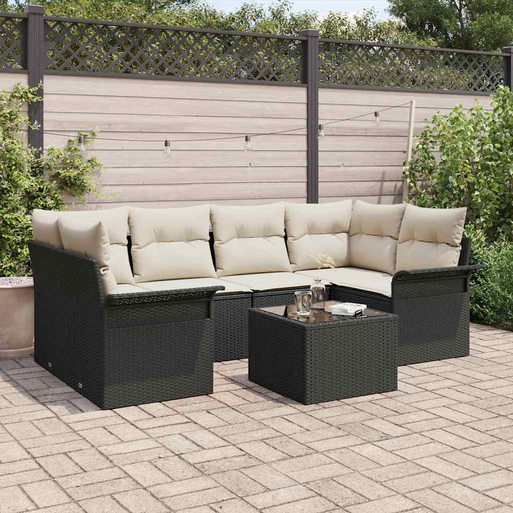 Tuin Sofa Set 7 pcs Zwart en Crème Poly rattan, staal en glas is nu te koop bij PeponiXL, paradijselijk wonen!