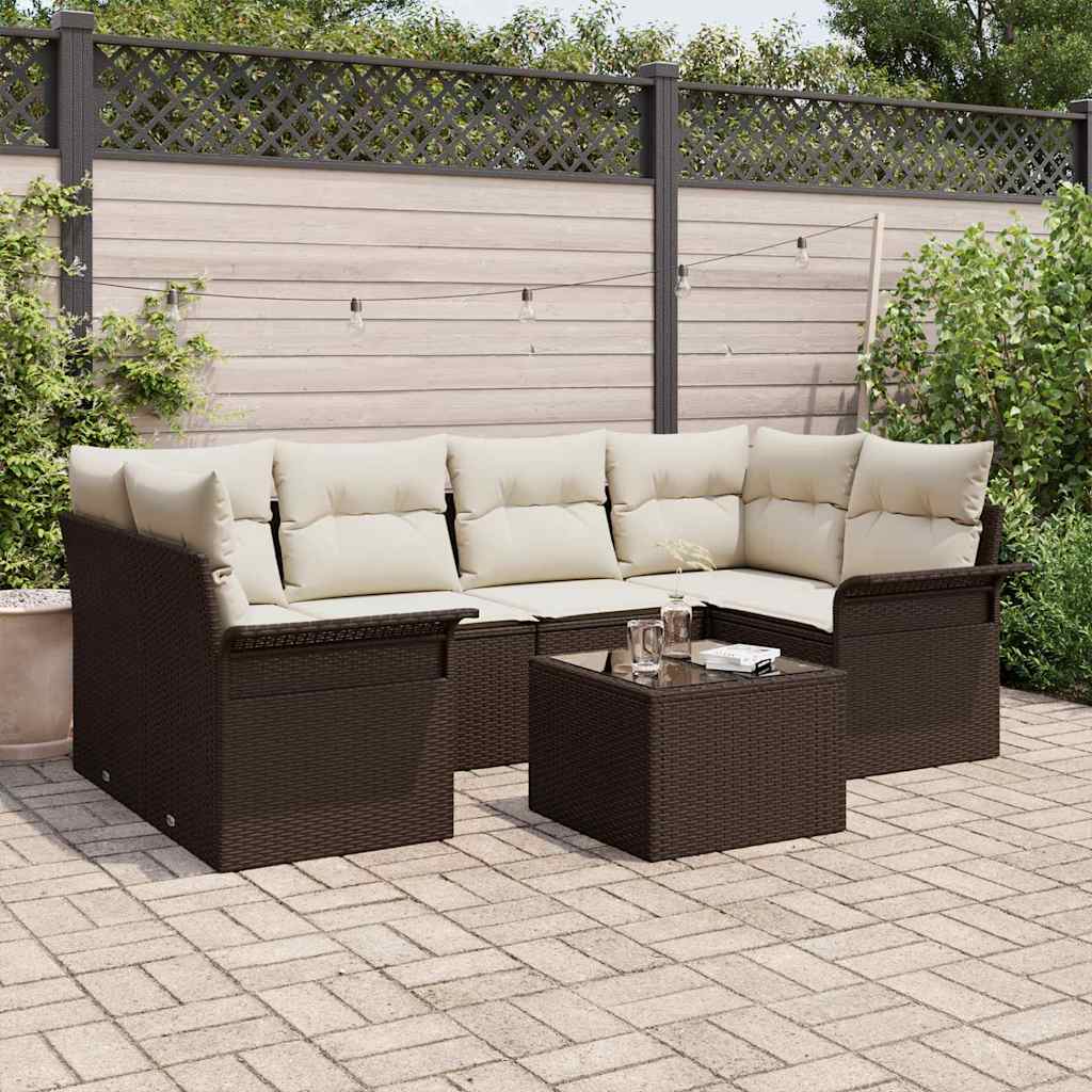 Tuin Sofa Set met kussen 7 pcs Bruin en Crème poly rattan is nu te koop bij PeponiXL, paradijselijk wonen!