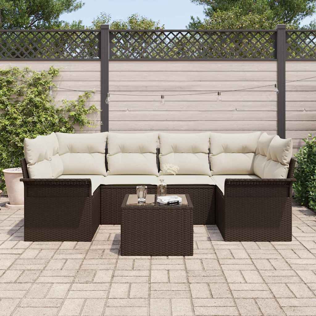 Tuin Sofa Set met kussen 7 pcs Bruin en Crème poly rattan is nu te koop bij PeponiXL, paradijselijk wonen!