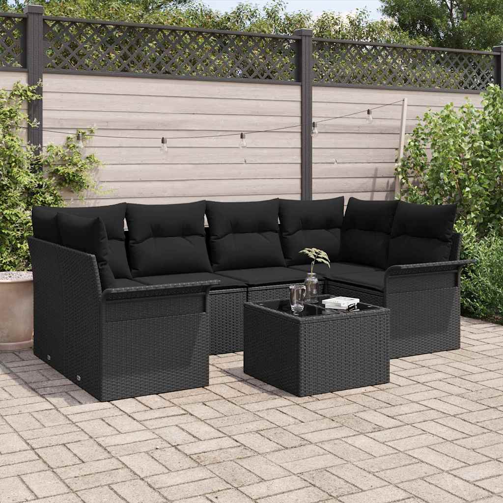 Tuin Sofa Set met kussen 7 pcs Zwart Poly rattan, staal en glas is nu te koop bij PeponiXL, paradijselijk wonen!