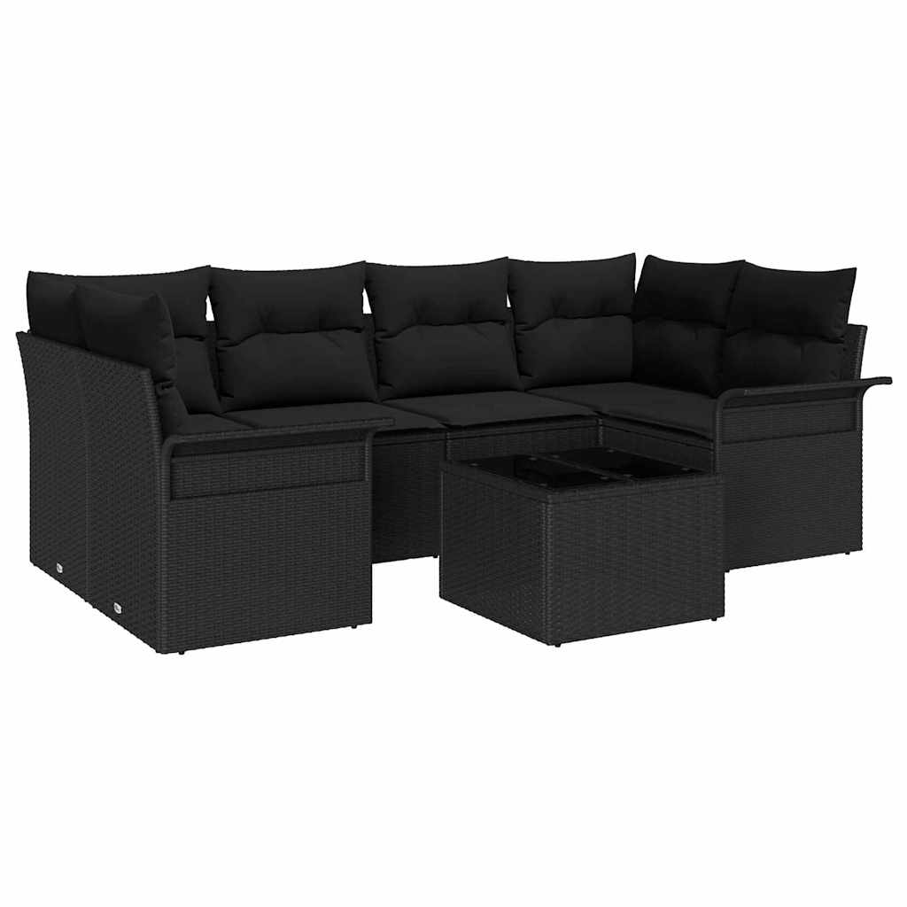 Tuin Sofa Set met kussen 7 pcs Zwart Poly rattan, staal en glas is nu te koop bij PeponiXL, paradijselijk wonen!