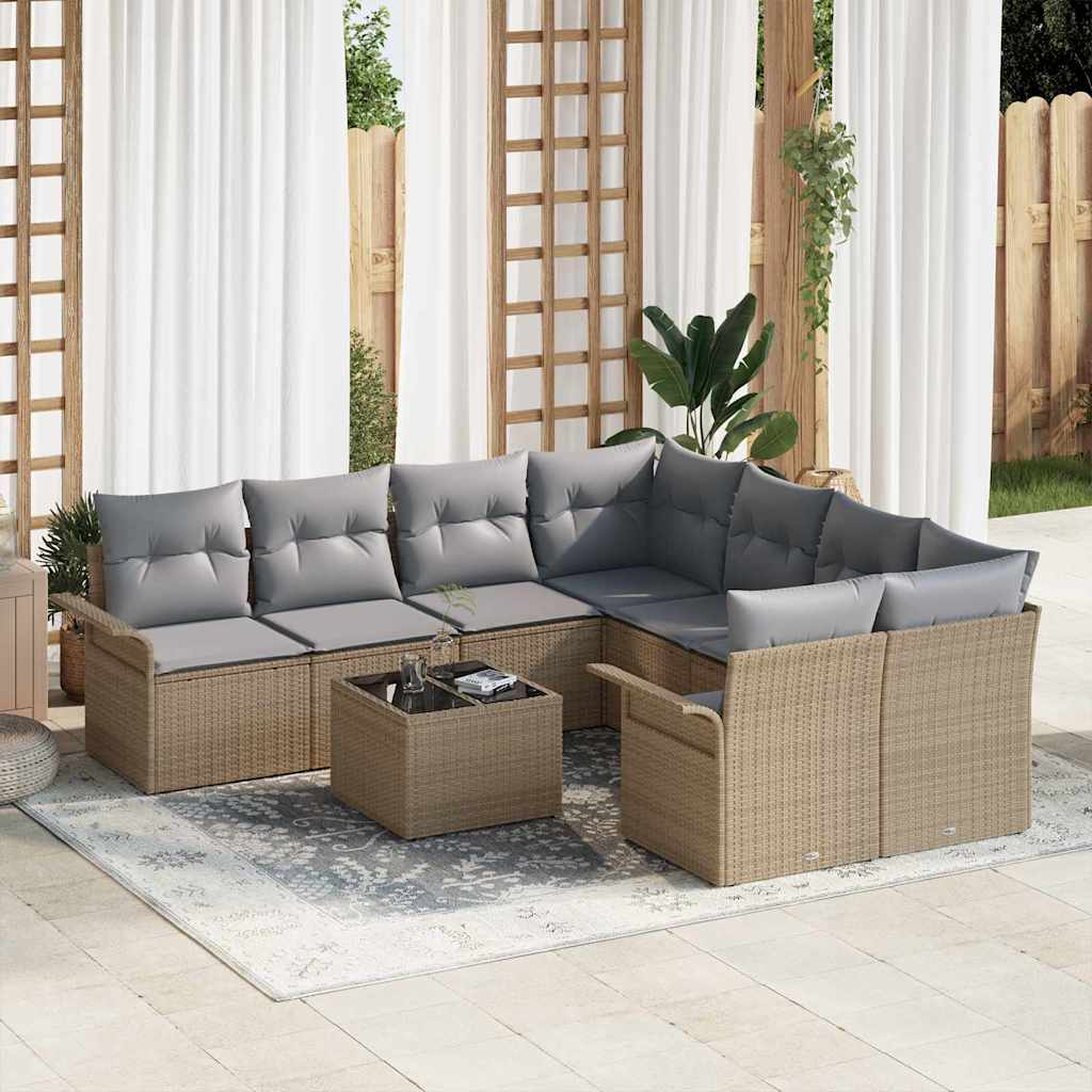 Tuinbankenset met kussen 9 pcs Beige en Grijs poly rattan is nu te koop bij PeponiXL, paradijselijk wonen!