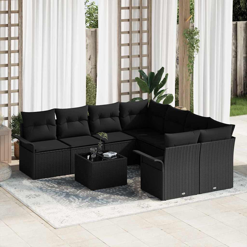 Tuinbankenset met kussen met opslag 9 pcs Zwart poly rattan is nu te koop bij PeponiXL, paradijselijk wonen!