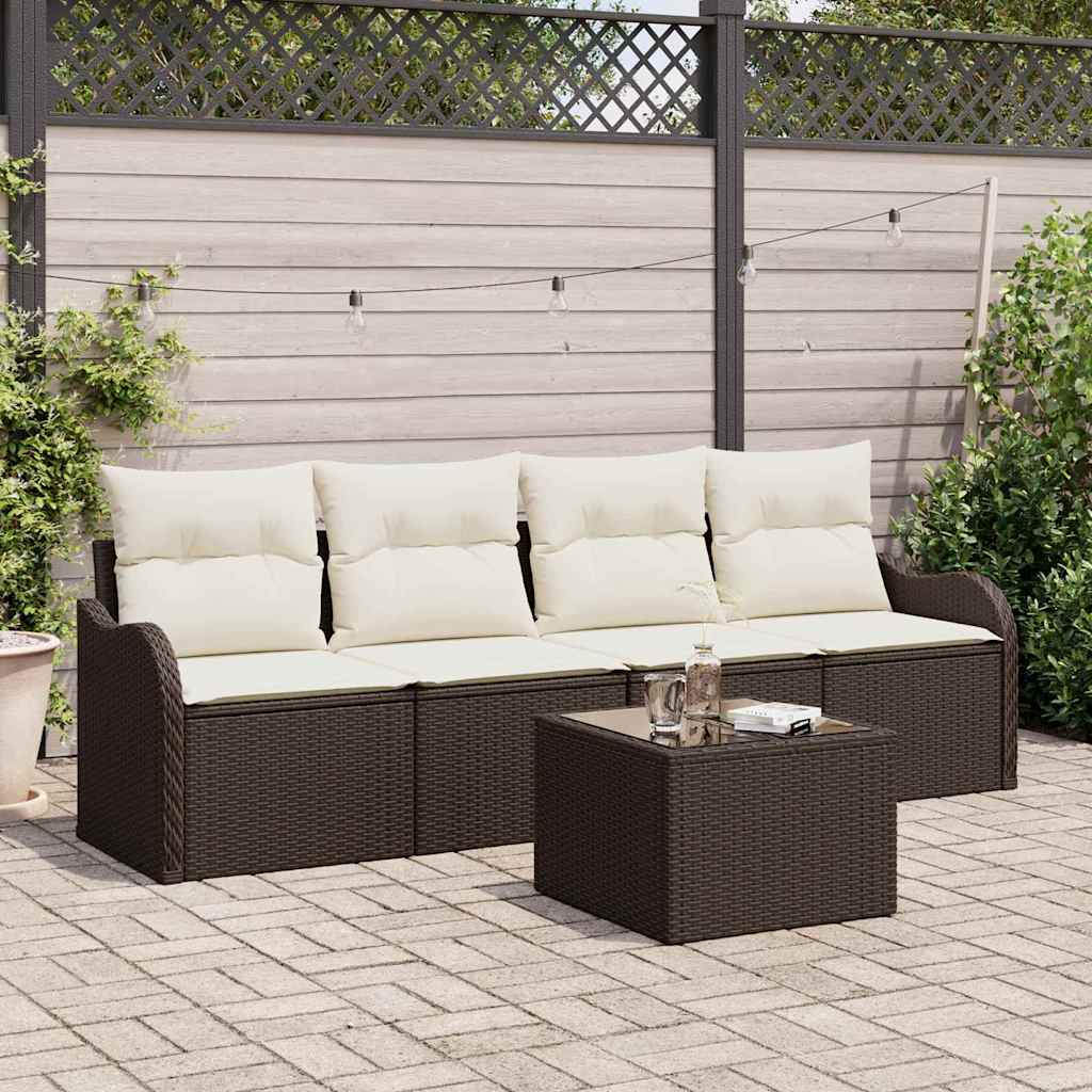 Tuin Sofa Set 5 pcs Bruin en Crème Poly rattan, staal en glas is nu te koop bij PeponiXL, paradijselijk wonen!