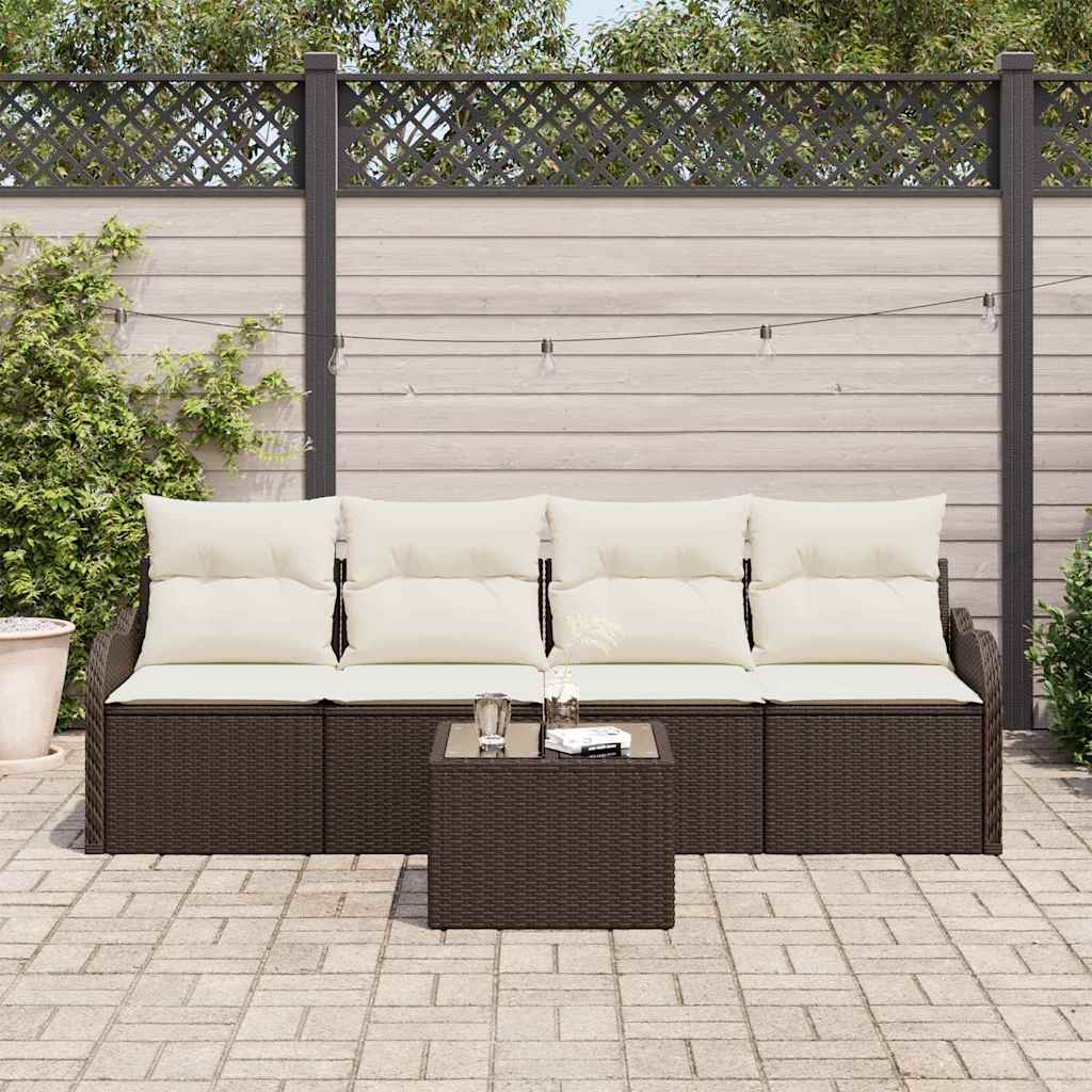 Tuin Sofa Set 5 pcs Bruin en Crème Poly rattan, staal en glas is nu te koop bij PeponiXL, paradijselijk wonen!