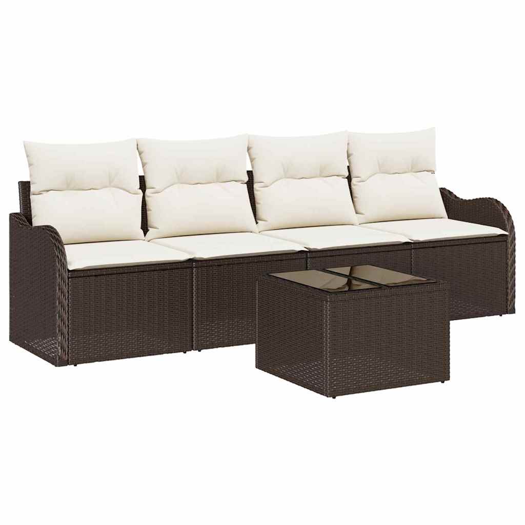 Tuin Sofa Set 5 pcs Bruin en Crème Poly rattan, staal en glas is nu te koop bij PeponiXL, paradijselijk wonen!
