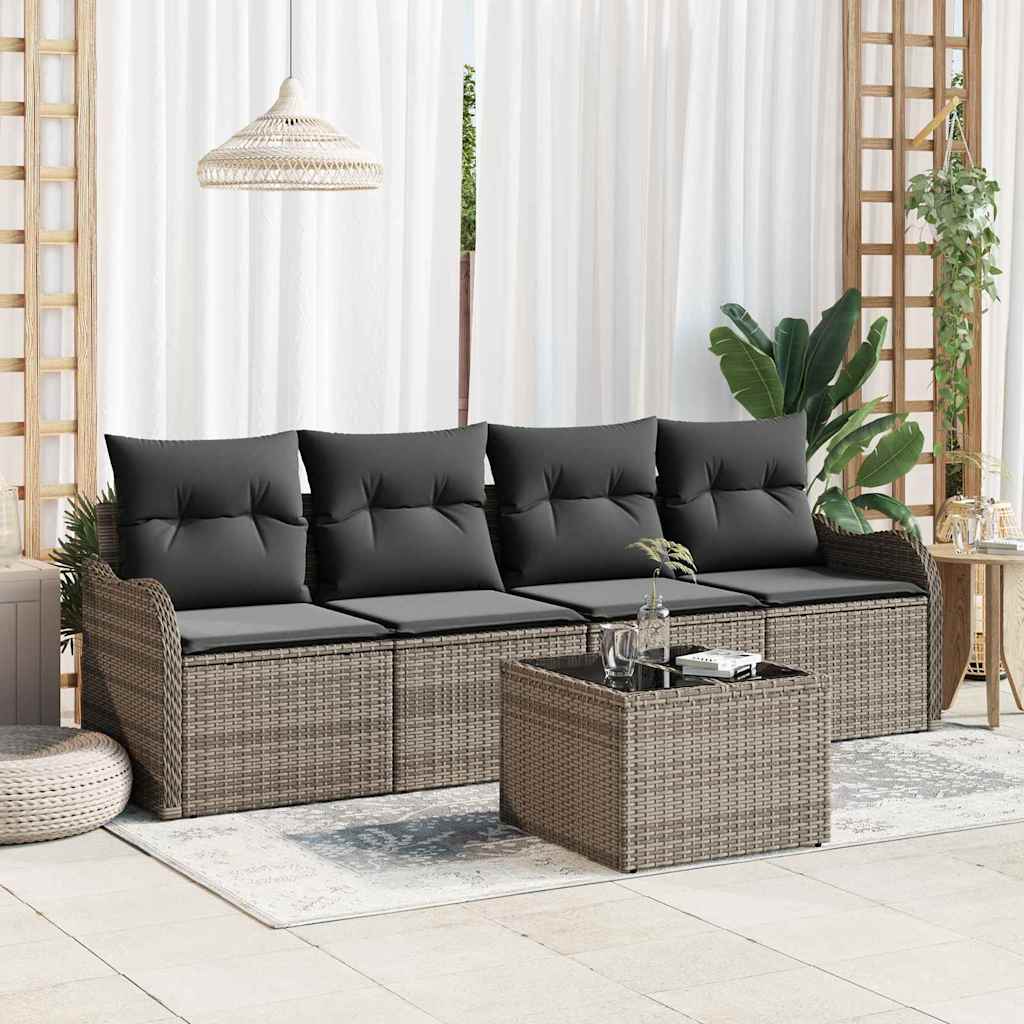 Tuin Sofa Set met kussen 5 pcs Grijs Poly rattan, staal en glas is nu te koop bij PeponiXL, paradijselijk wonen!