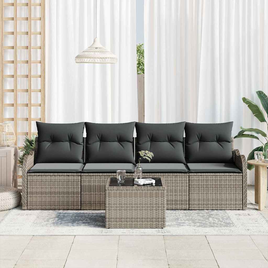 Tuin Sofa Set met kussen 5 pcs Grijs Poly rattan, staal en glas is nu te koop bij PeponiXL, paradijselijk wonen!