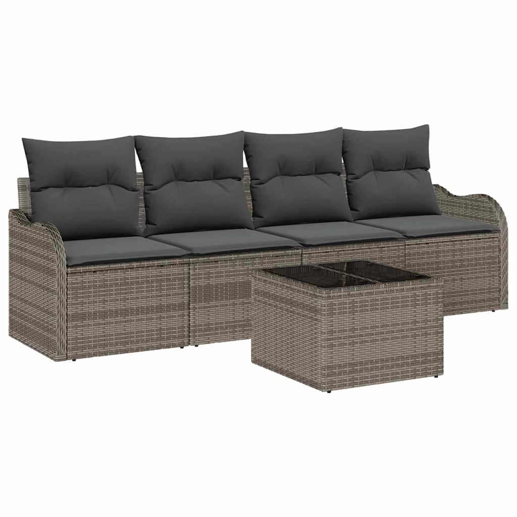 Tuin Sofa Set met kussen 5 pcs Grijs Poly rattan, staal en glas is nu te koop bij PeponiXL, paradijselijk wonen!