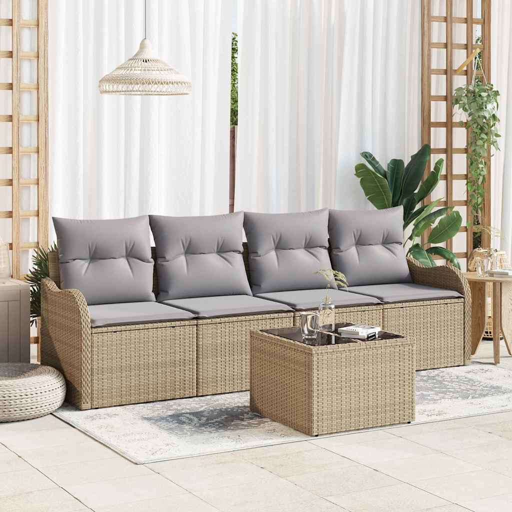 Tuin Sofa Set 5 pcs Beige en Grijs Poly rattan, staal en glas is nu te koop bij PeponiXL, paradijselijk wonen!