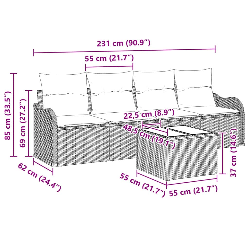 Tuin Sofa Set 5 pcs Beige en Grijs Poly rattan, staal en glas is nu te koop bij PeponiXL, paradijselijk wonen!