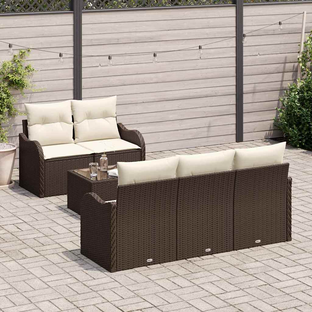 Tuin Sofa Set 6 pcs Bruin en Crème Poly rattan, staal en glas is nu te koop bij PeponiXL, paradijselijk wonen!