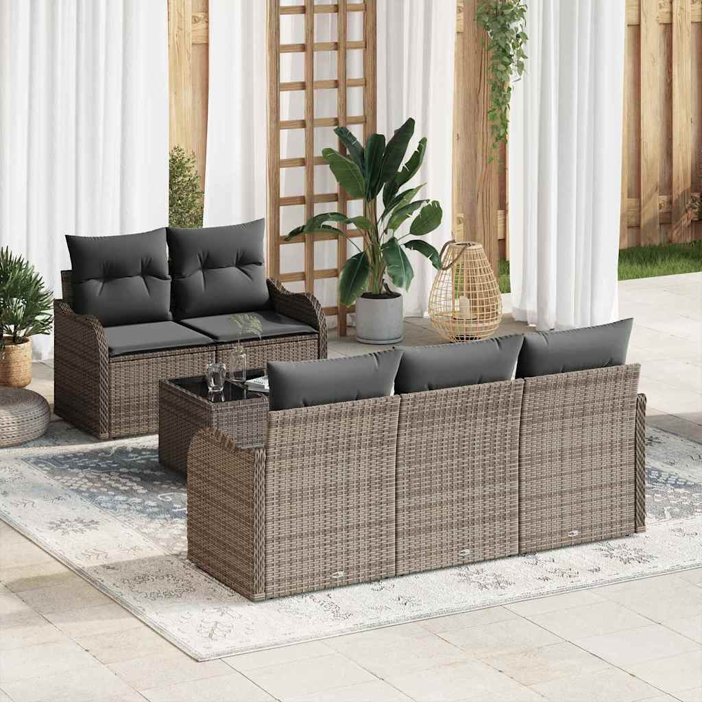 Tuin Sofa Set met kussen 6 pcs Grijs Poly rattan, staal en glas is nu te koop bij PeponiXL, paradijselijk wonen!