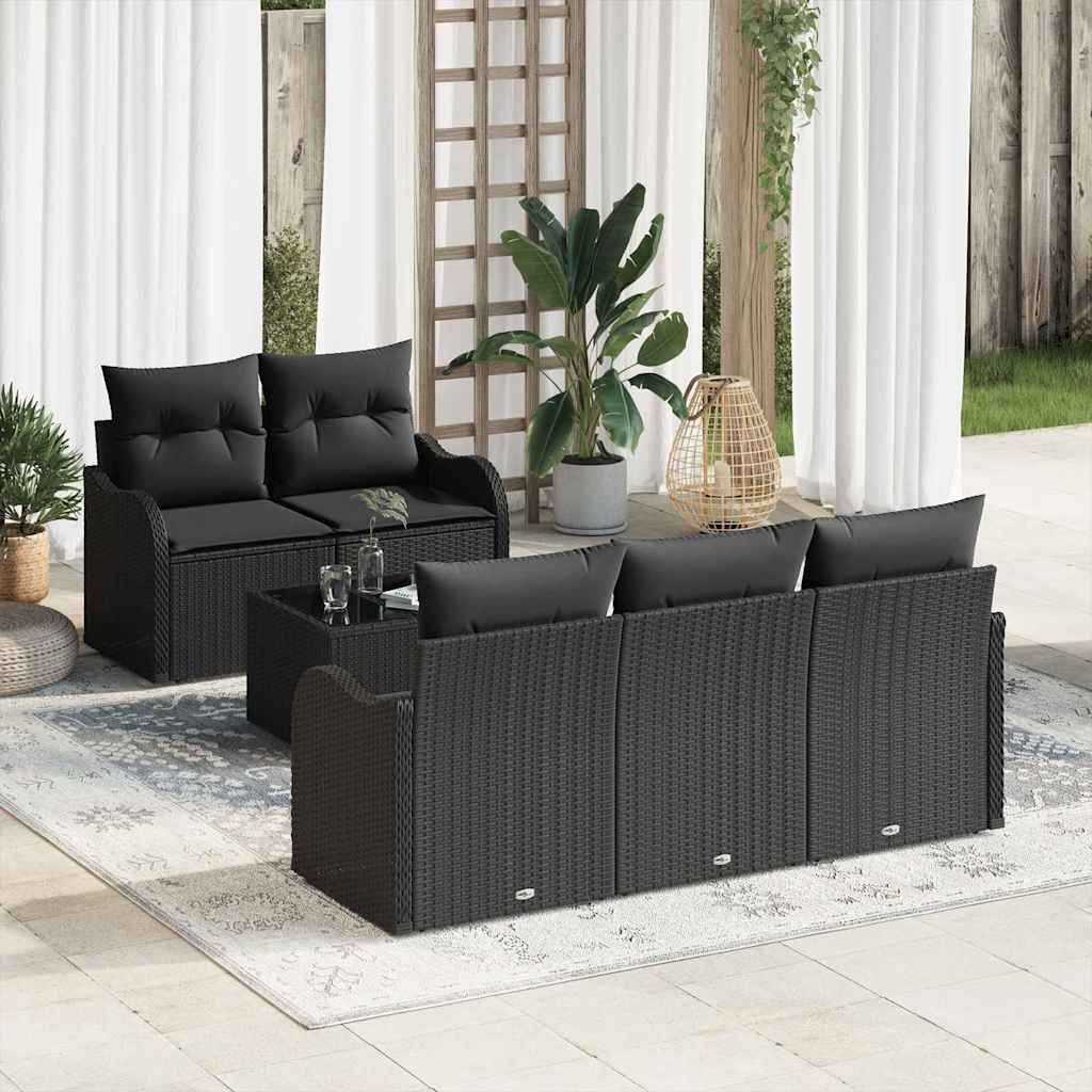 Tuin Sofa Set met kussen 6 pcs Zwart Poly rattan, staal en glas is nu te koop bij PeponiXL, paradijselijk wonen!