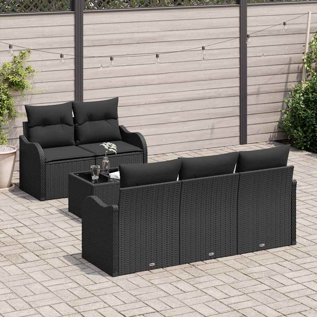Tuin Sofa Set met kussen 6 pcs Zwart Poly rattan, staal en glas is nu te koop bij PeponiXL, paradijselijk wonen!