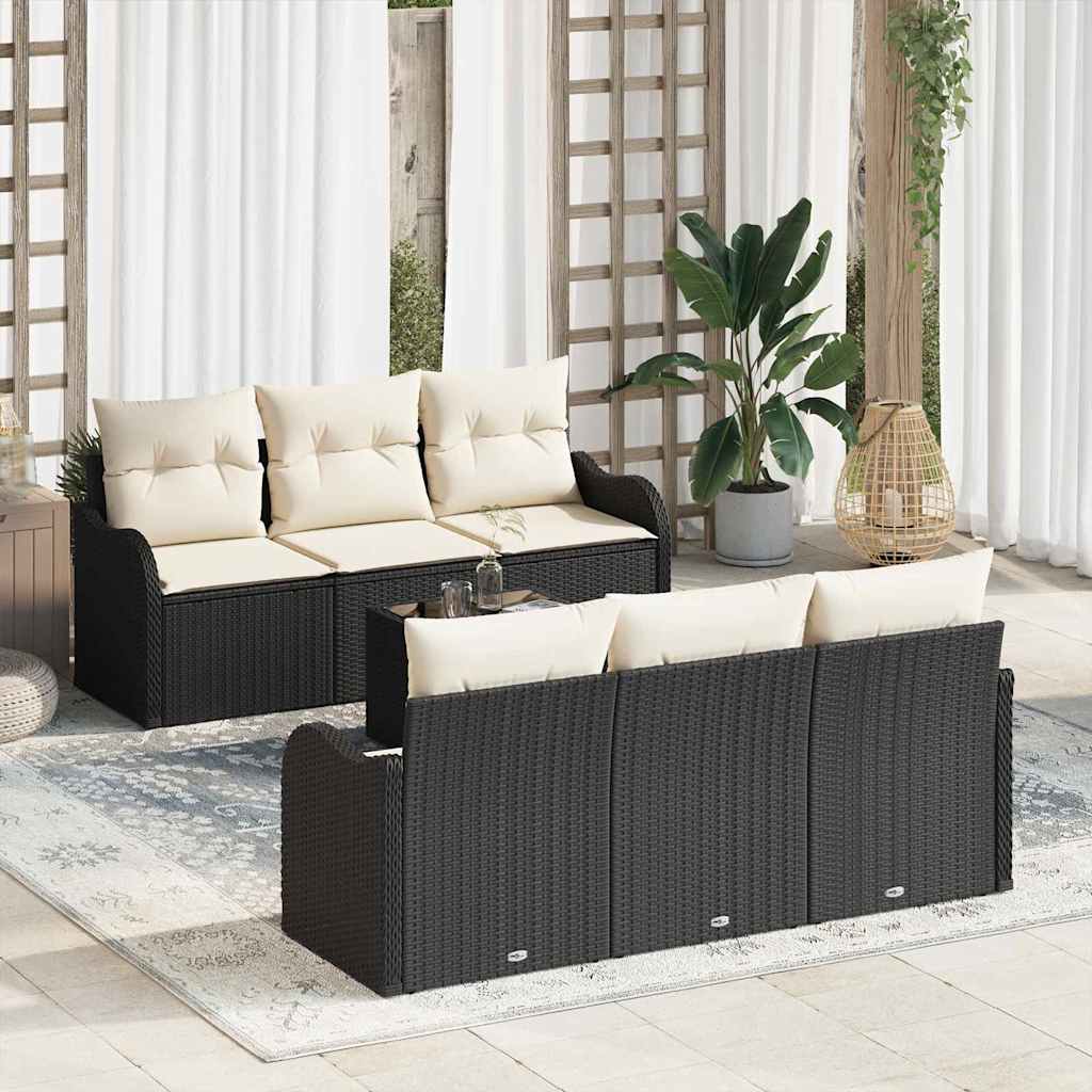 Tuin Sofa Set 7 pcs Zwart en Crème Poly Riet en Staal en Glas is nu te koop bij PeponiXL, paradijselijk wonen!