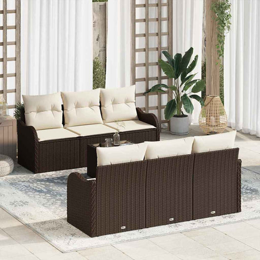 Tuin Sofa Set 7 pcs Bruin en Crème Poly Riet en Staal en Glas is nu te koop bij PeponiXL, paradijselijk wonen!