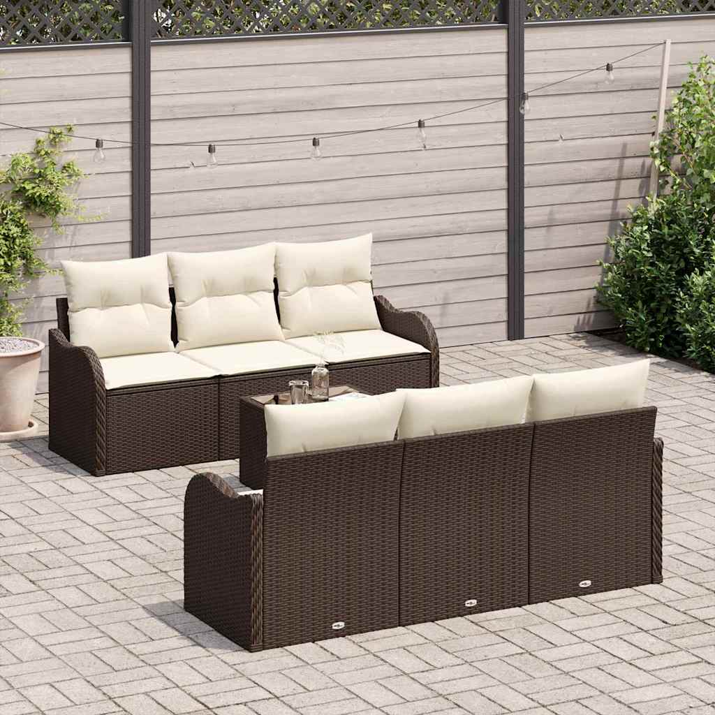 Tuin Sofa Set 7 pcs Bruin en Crème Poly Riet en Staal en Glas is nu te koop bij PeponiXL, paradijselijk wonen!
