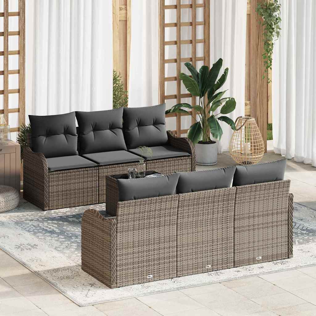 Tuin Sofa Set met kussen 7 pcs Grijs Poly Riet en Staal en Glas is nu te koop bij PeponiXL, paradijselijk wonen!