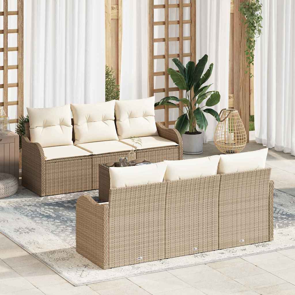 Tuin Sofa Set 7 pcs Beige en Crème Poly Riet en Staal en Glas is nu te koop bij PeponiXL, paradijselijk wonen!
