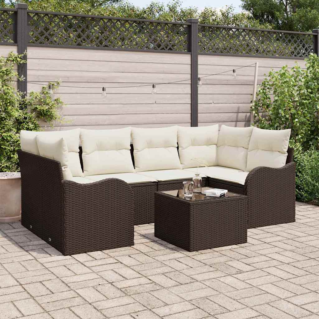 Tuin Sofa Set 7 pcs Bruin en Crème Poly rattan, staal en glas is nu te koop bij PeponiXL, paradijselijk wonen!