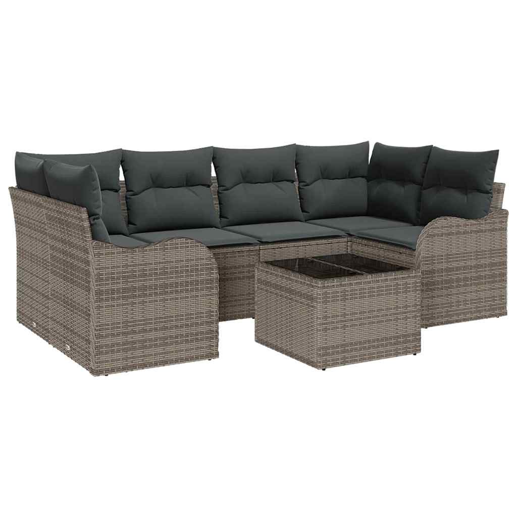 Tuin Sofa Set met kussen 7 pcs Grijs Poly rattan, staal en glas is nu te koop bij PeponiXL, paradijselijk wonen!