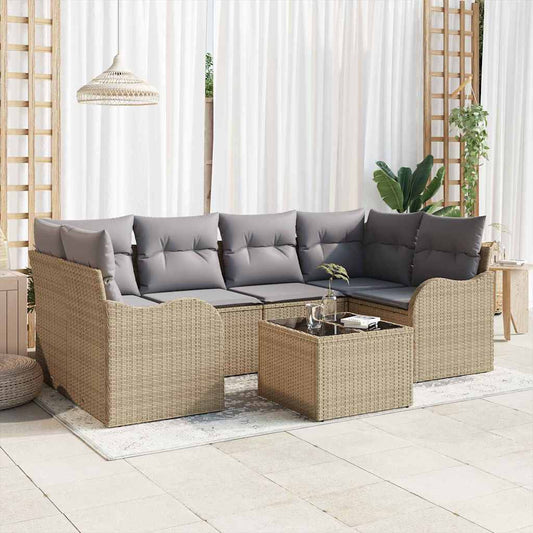 Tuin Sofa Set 7 pcs Beige en Grijs Poly rattan, staal en glas is nu te koop bij PeponiXL, paradijselijk wonen!