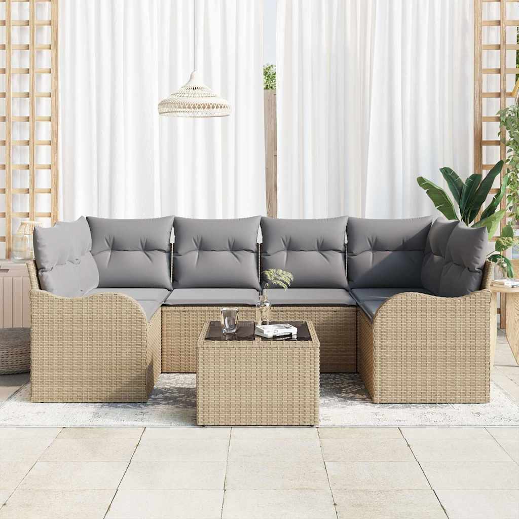 Tuin Sofa Set 7 pcs Beige en Grijs Poly rattan, staal en glas is nu te koop bij PeponiXL, paradijselijk wonen!