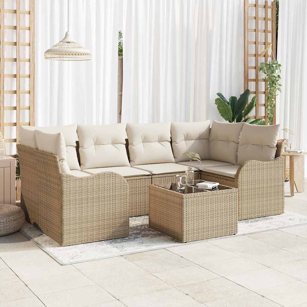 Tuin Sofa Set 7 pcs Beige en Crème Poly rattan, staal en glas is nu te koop bij PeponiXL, paradijselijk wonen!