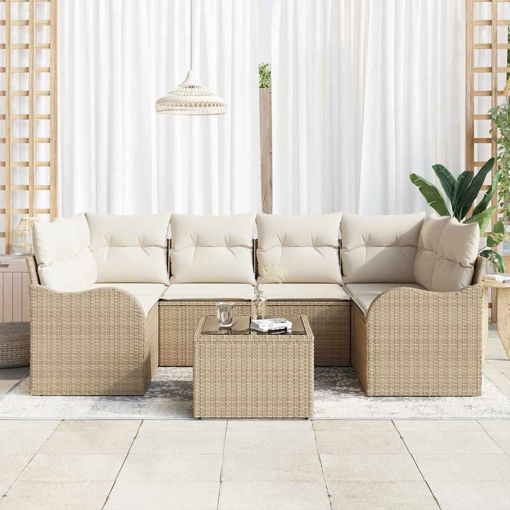 Tuin Sofa Set 7 pcs Beige en Crème Poly rattan, staal en glas is nu te koop bij PeponiXL, paradijselijk wonen!