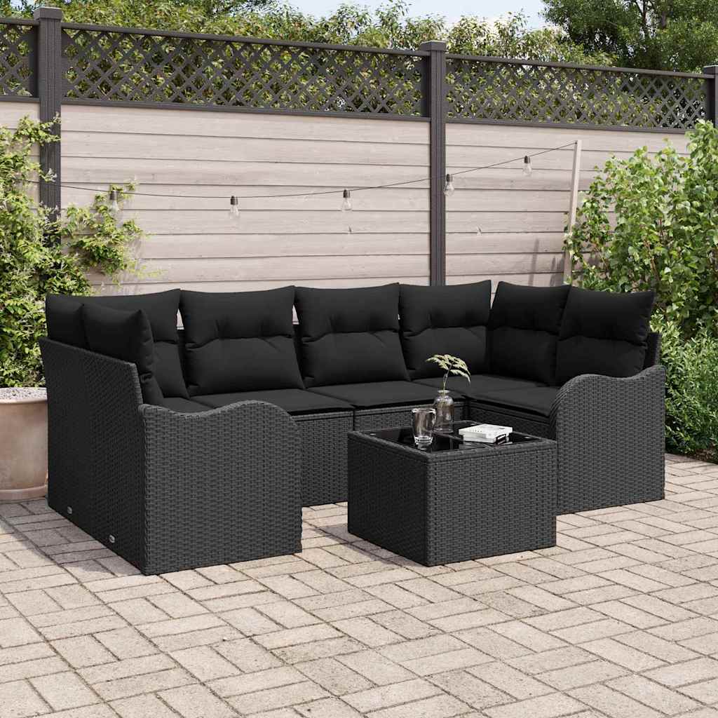 Tuin Sofa Set met kussen 7 pcs Zwart Poly rattan, staal en glas is nu te koop bij PeponiXL, paradijselijk wonen!