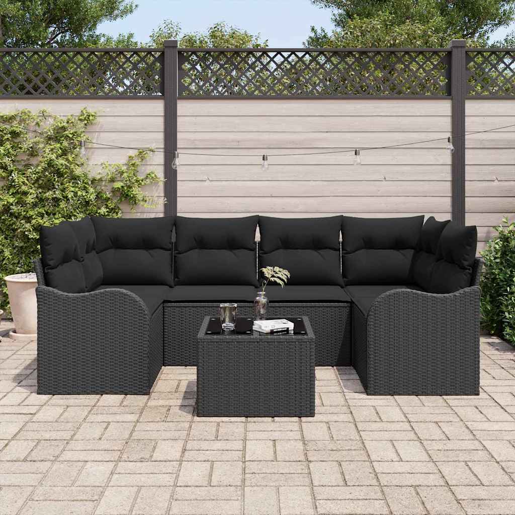 Tuin Sofa Set met kussen 7 pcs Zwart Poly rattan, staal en glas is nu te koop bij PeponiXL, paradijselijk wonen!