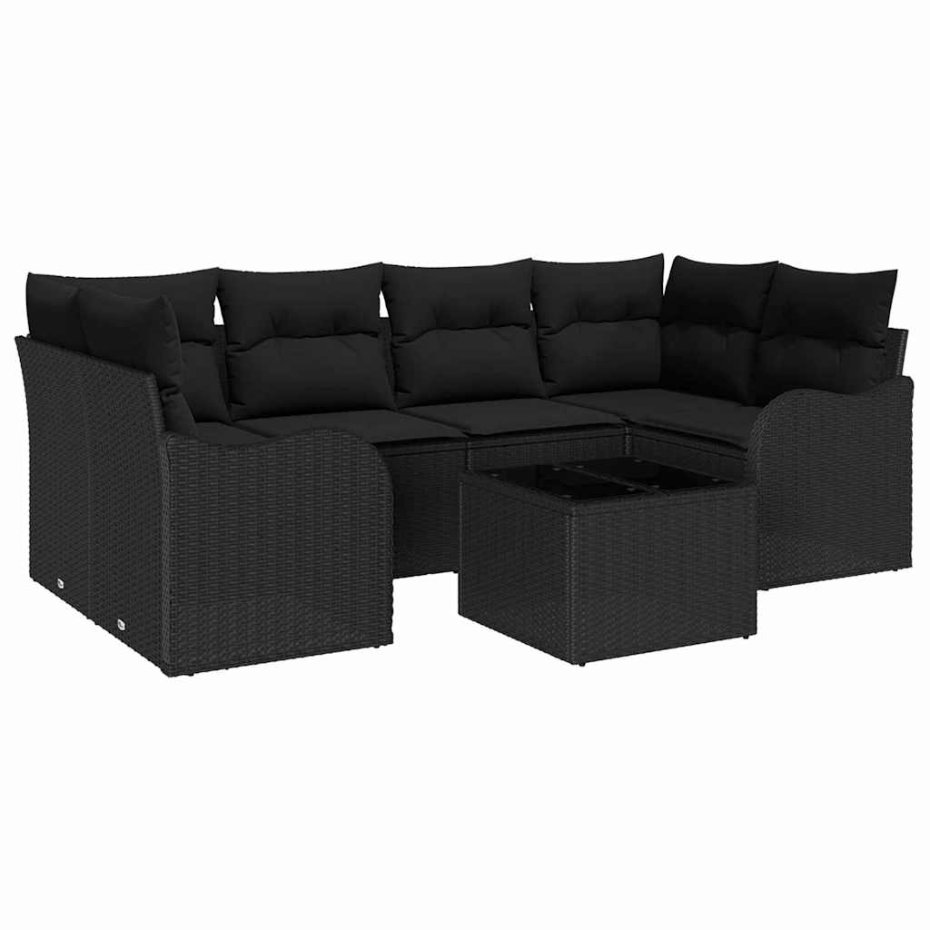 Tuin Sofa Set met kussen 7 pcs Zwart Poly rattan, staal en glas is nu te koop bij PeponiXL, paradijselijk wonen!