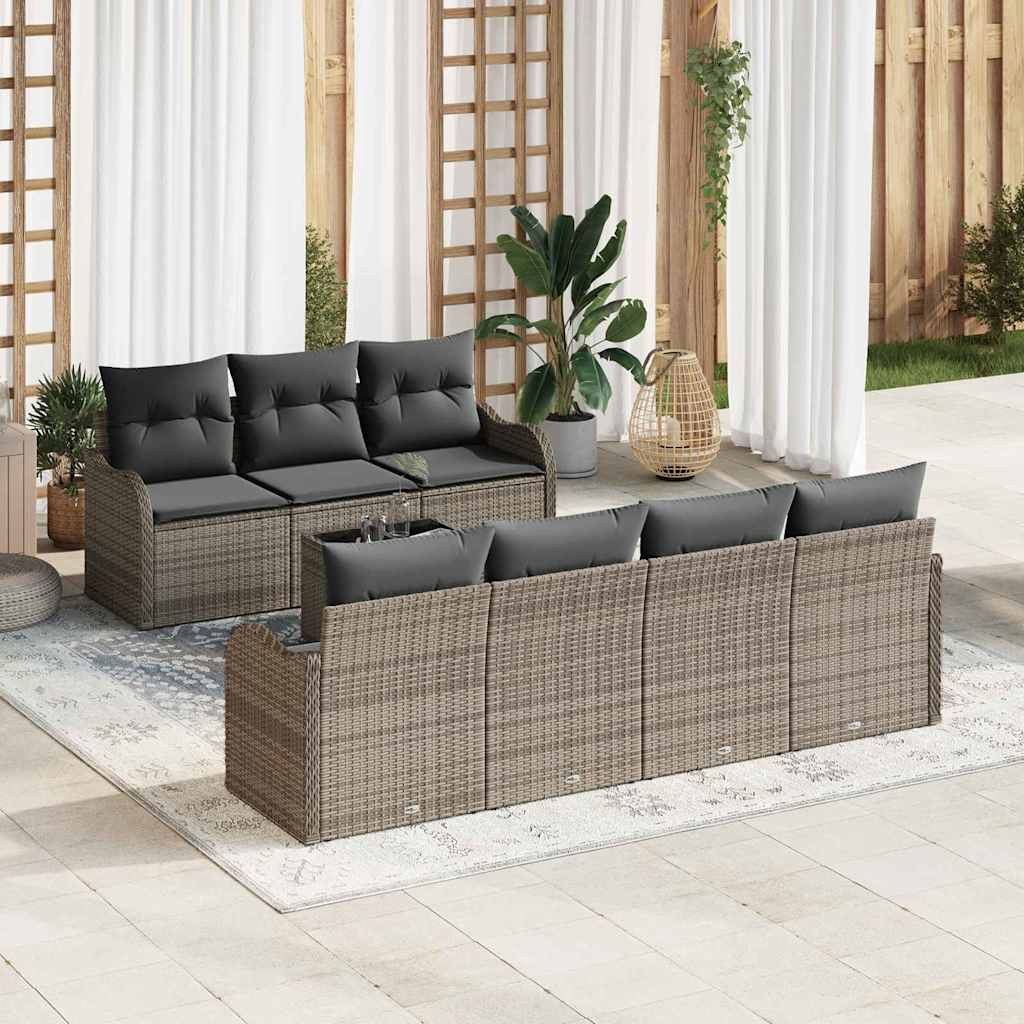 Tuin Sofa Set met kussen 8 pcs Grijs Poly Riet en Staal en Glas is nu te koop bij PeponiXL, paradijselijk wonen!