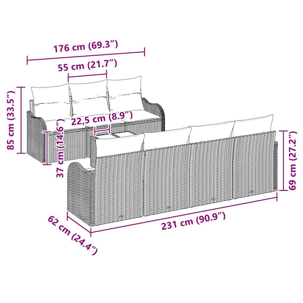 Tuin Sofa Set 8 pcs Beige en Crème Poly Riet en Staal en Glas is nu te koop bij PeponiXL, paradijselijk wonen!
