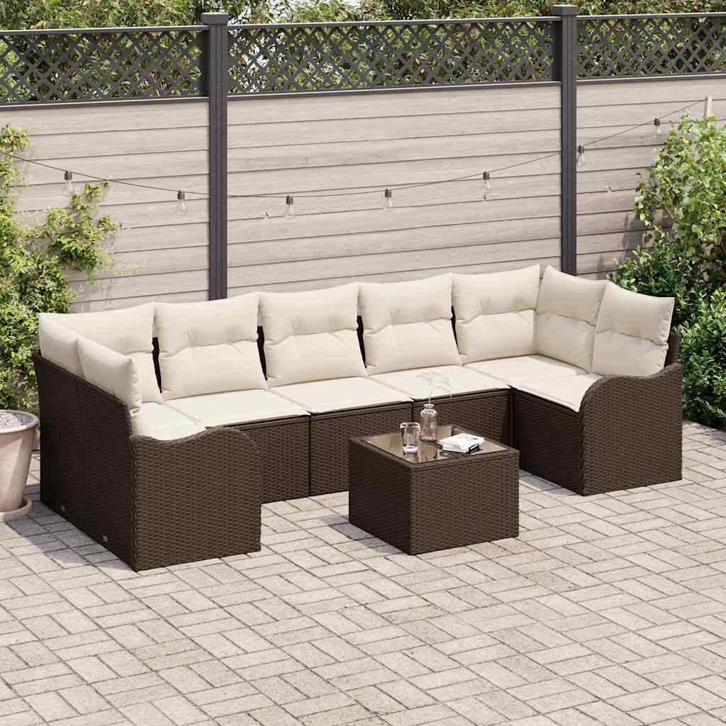Tuin Sofa Set 8 pcs Bruin en Crème Poly Riet en Staal en Glas is nu te koop bij PeponiXL, paradijselijk wonen!