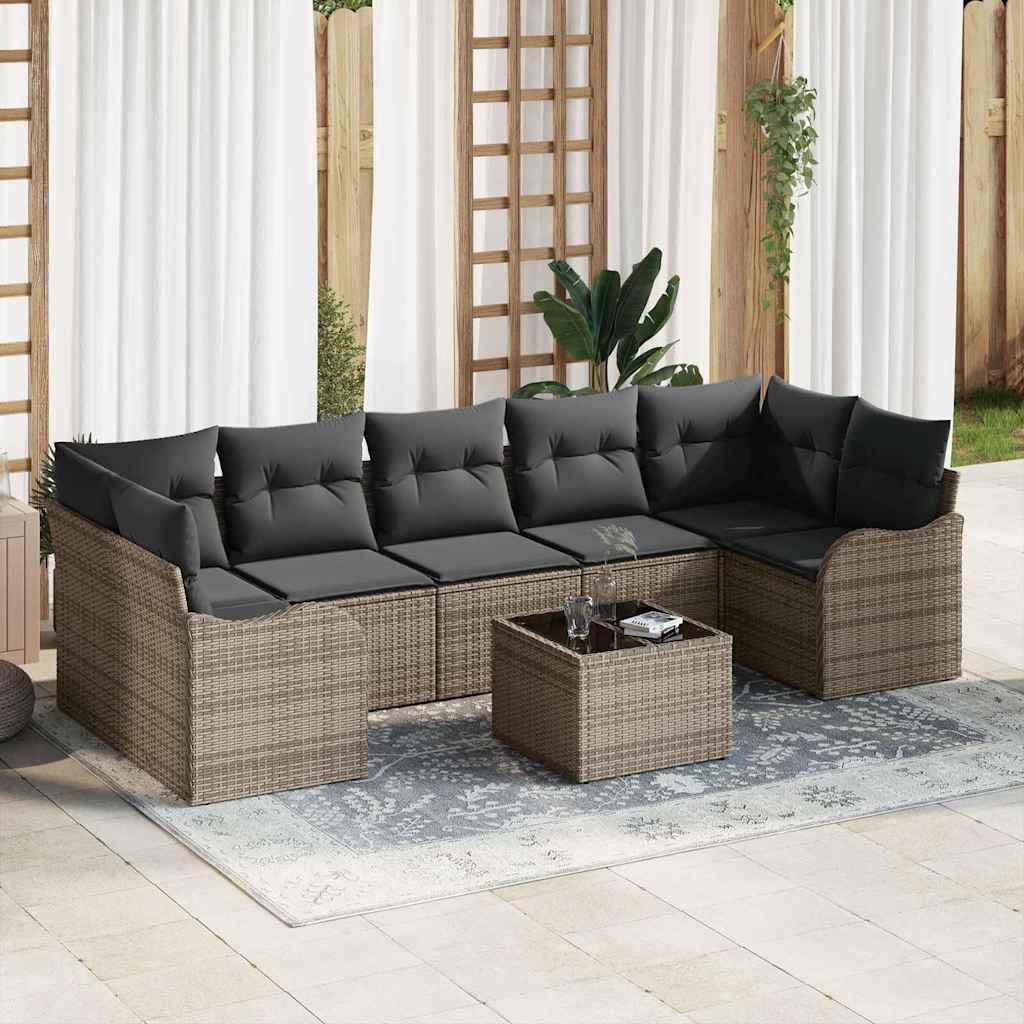 Tuin Sofa Set met kussen 8 pcs Grijs Poly Riet en Staal en Glas is nu te koop bij PeponiXL, paradijselijk wonen!