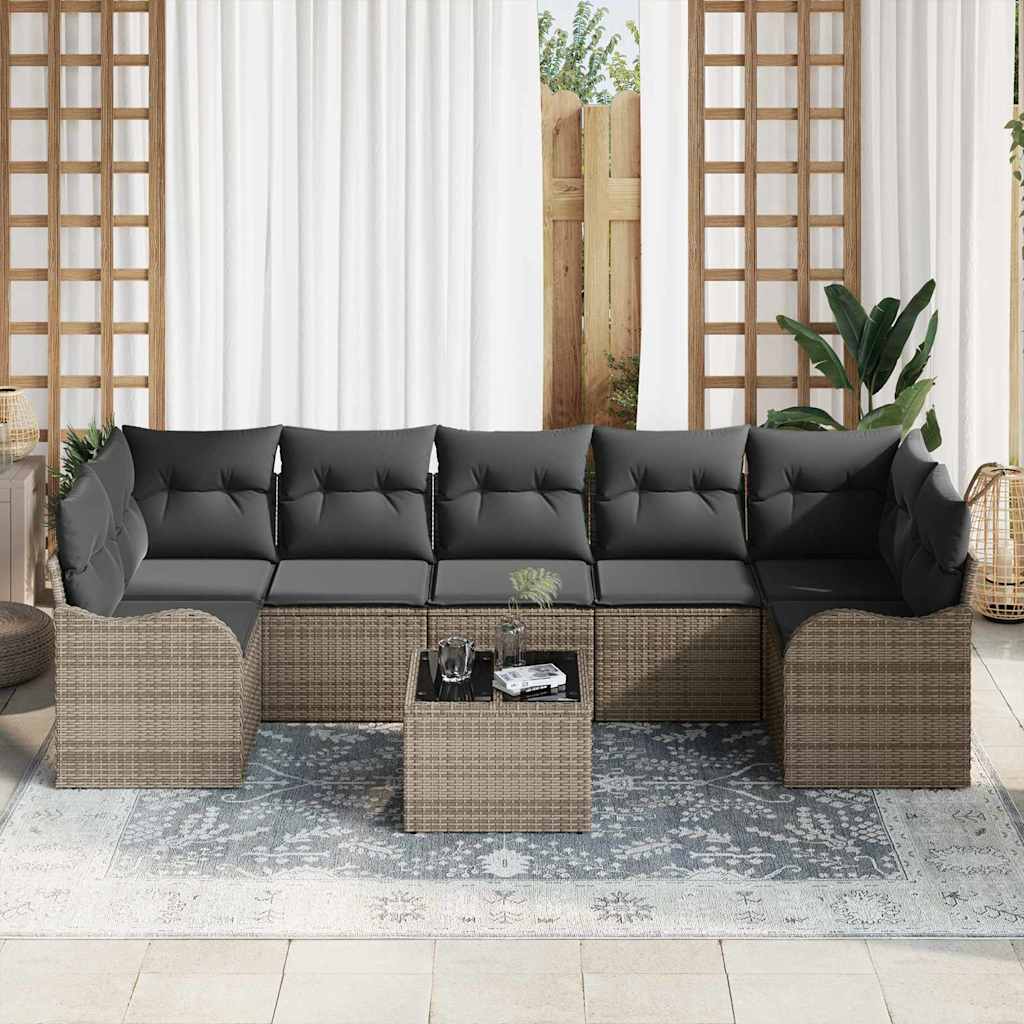 Tuin Sofa Set met kussen 8 pcs Grijs Poly Riet en Staal en Glas is nu te koop bij PeponiXL, paradijselijk wonen!