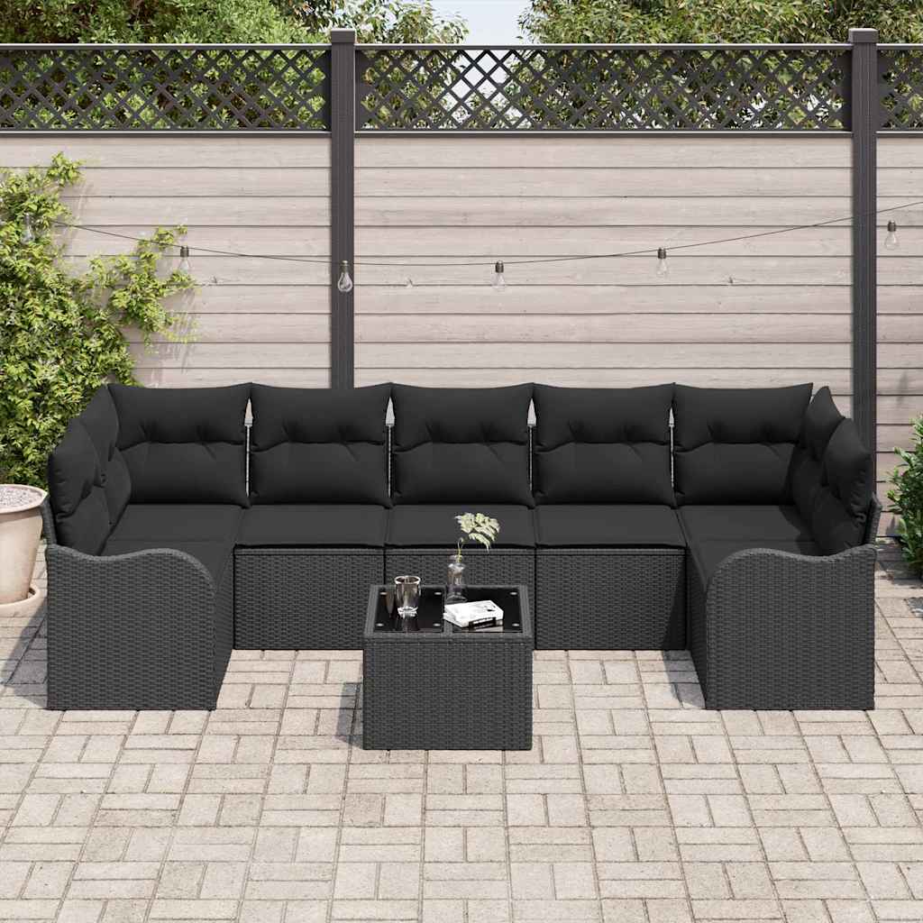 Tuin Sofa Set met kussen 8 pcs Zwart Poly Riet en Staal en Glas is nu te koop bij PeponiXL, paradijselijk wonen!