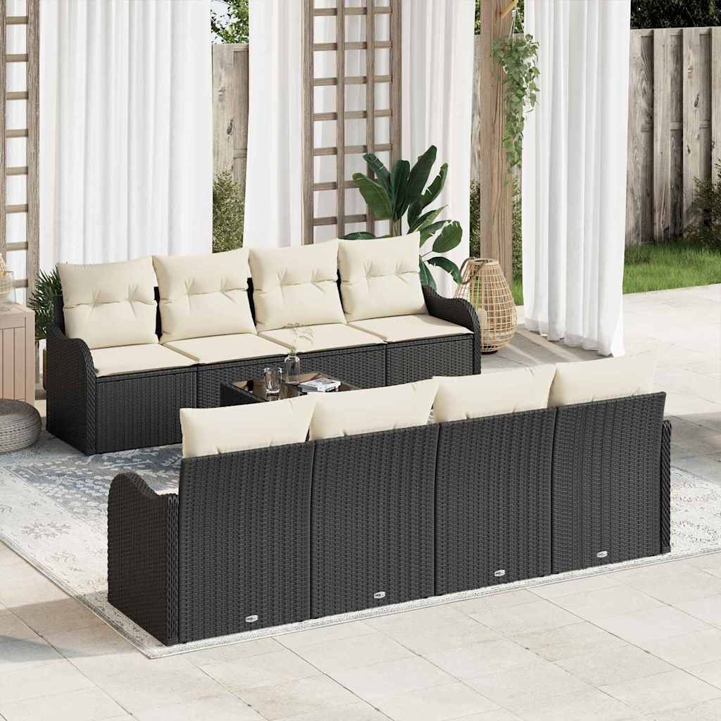 Tuin Sofa Set 9 pcs Zwart en Crème Poly Riet en Staal en Glas is nu te koop bij PeponiXL, paradijselijk wonen!