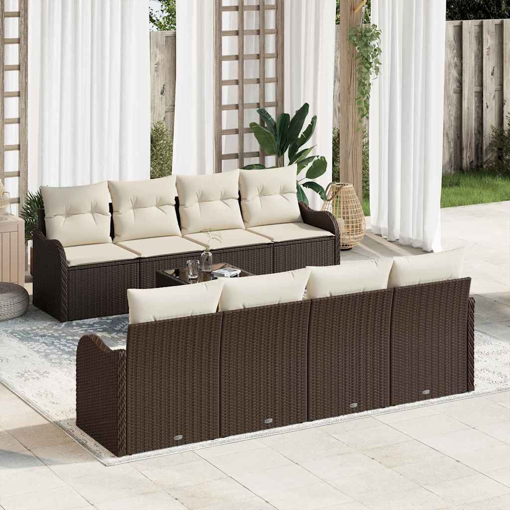 Tuin Sofa Set 9 pcs Bruin en Crème Poly Riet en Staal en Glas is nu te koop bij PeponiXL, paradijselijk wonen!