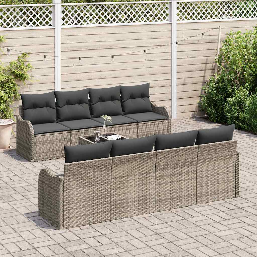 Tuin Sofa Set met kussen 9 pcs Grijs Poly Riet en Staal en Glas is nu te koop bij PeponiXL, paradijselijk wonen!