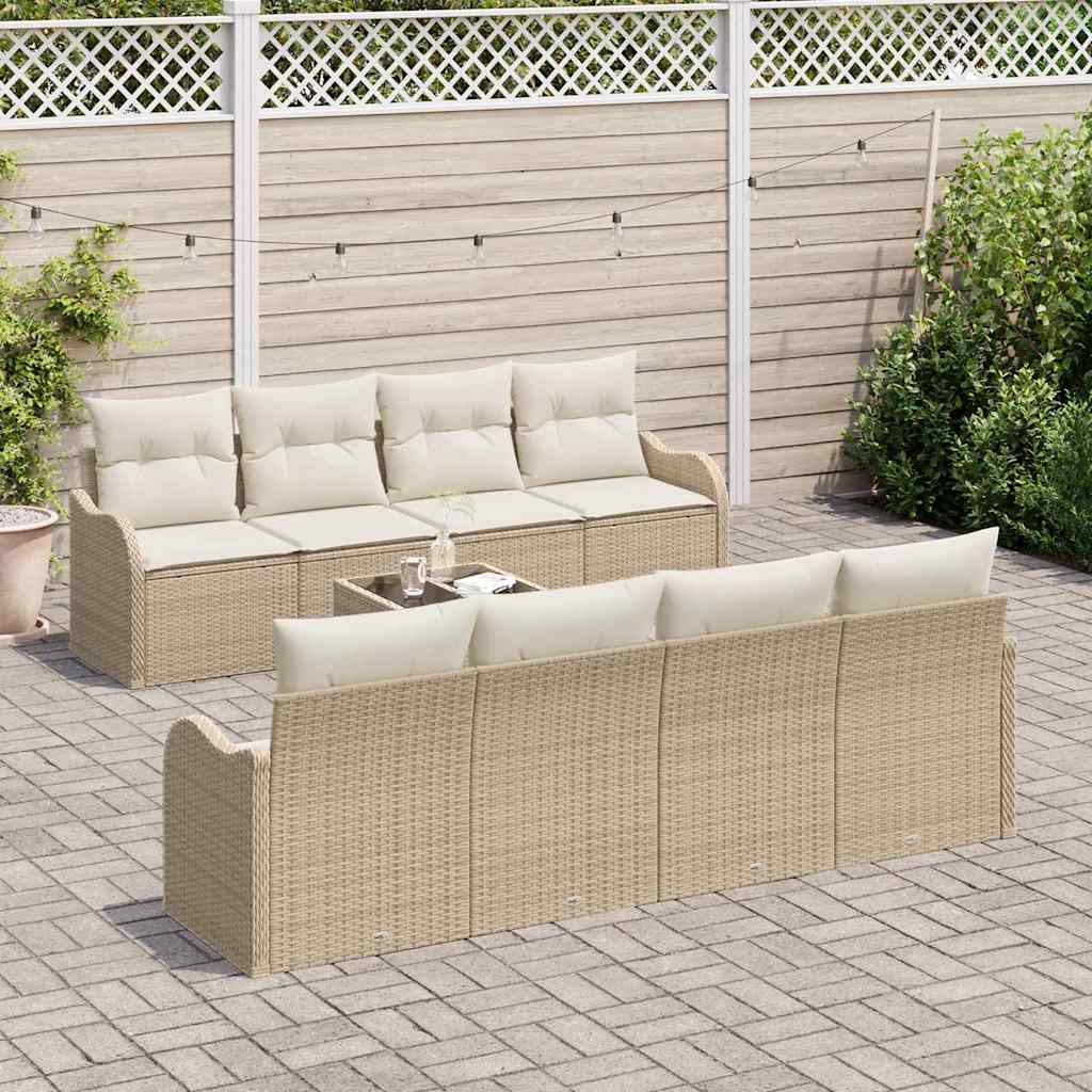 Tuin Sofa Set 9 pcs Beige en Crème Poly Riet en Staal en Glas is nu te koop bij PeponiXL, paradijselijk wonen!
