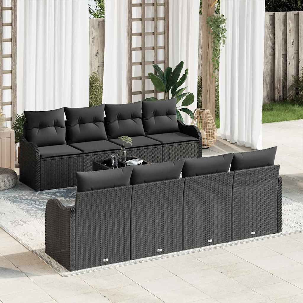 Tuin Sofa Set met kussen 9 pcs Zwart Poly Riet en Staal en Glas is nu te koop bij PeponiXL, paradijselijk wonen!