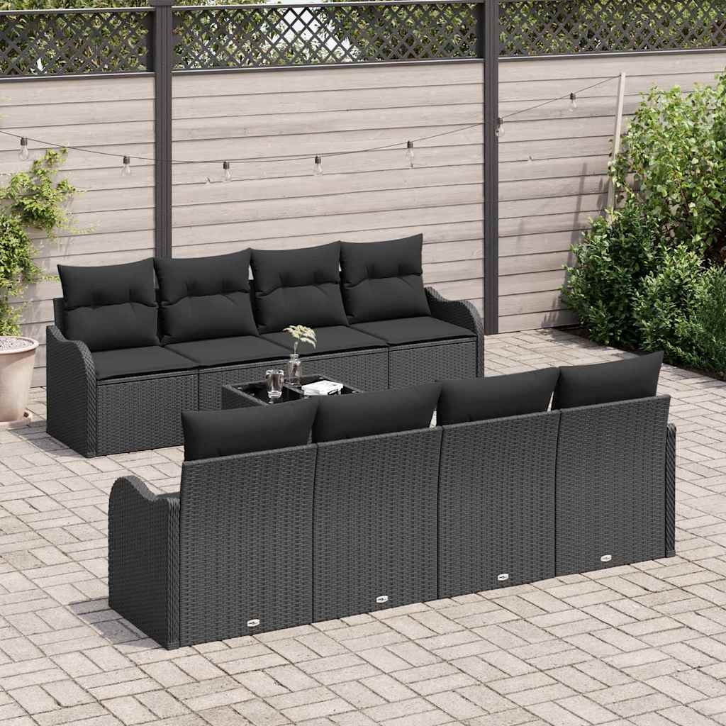 Tuin Sofa Set met kussen 9 pcs Zwart Poly Riet en Staal en Glas is nu te koop bij PeponiXL, paradijselijk wonen!