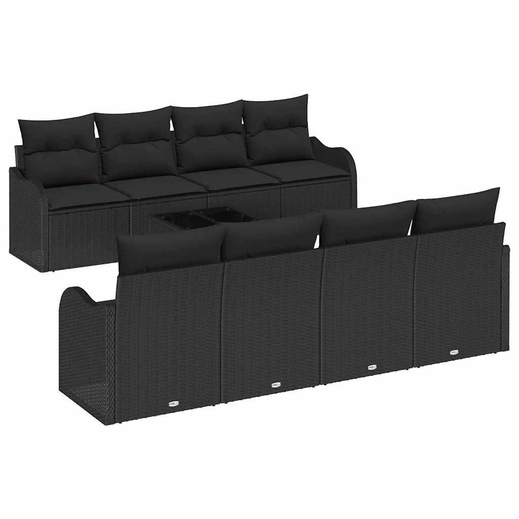 Tuin Sofa Set met kussen 9 pcs Zwart Poly Riet en Staal en Glas is nu te koop bij PeponiXL, paradijselijk wonen!