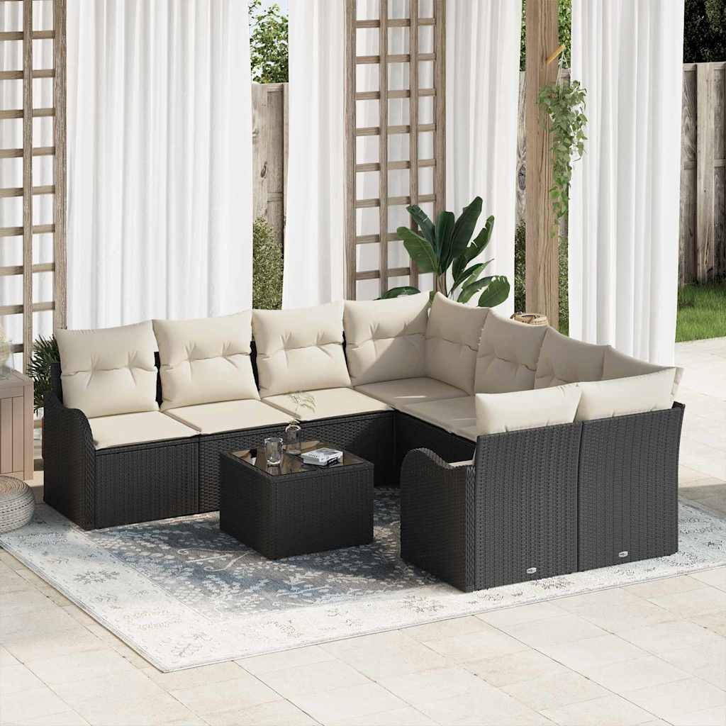Tuin Sofa Set 9 pcs Zwart en Crème Poly Riet en Staal en Glas is nu te koop bij PeponiXL, paradijselijk wonen!