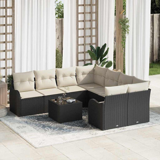 Tuin Sofa Set 9 pcs Zwart en Crème Poly Riet en Staal en Glas is nu te koop bij PeponiXL, paradijselijk wonen!