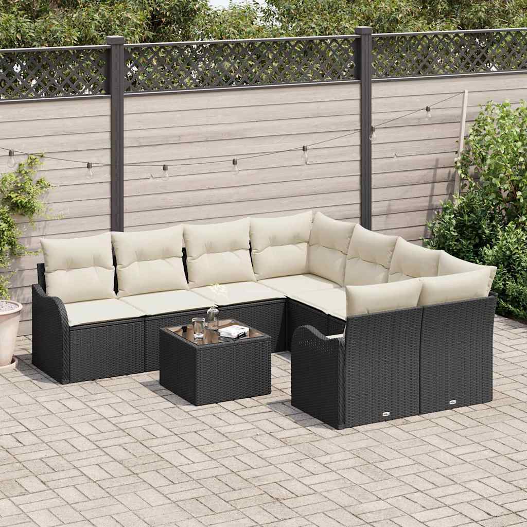 Tuin Sofa Set 9 pcs Zwart en Crème Poly Riet en Staal en Glas is nu te koop bij PeponiXL, paradijselijk wonen!